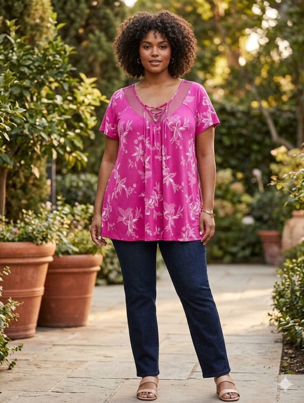 Michel Studio Hot Pink Floral Lace-Up Top. 2X